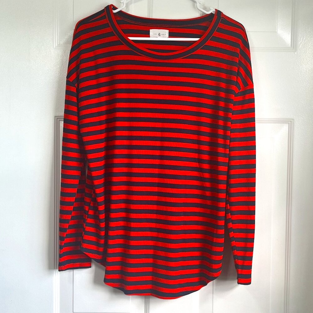 Lou & Grey Orange and Navy Striped Knit Pull Over Crew Neck Top Size Medium